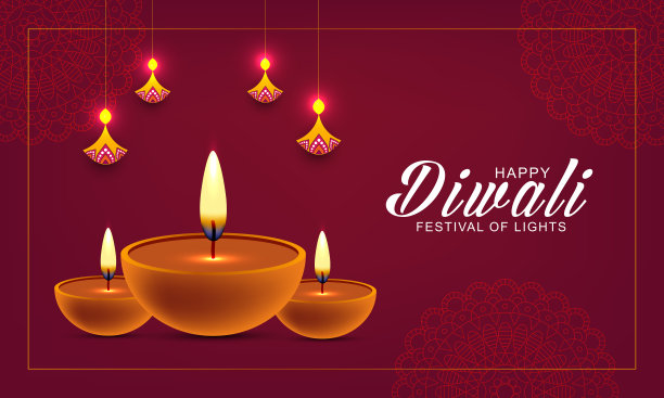 快乐排灯节-节日灯光横幅设计与装饰Diya灯图片下载