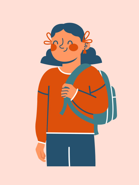 回到学校。可爱的女学生拿着书包微笑着。卡哇伊插图知识日，横幅，贴纸。学生肖像。平面设计。图片下载