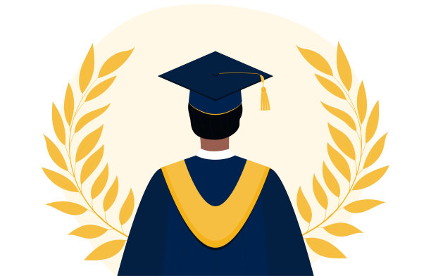 男毕业生肖像从后面看。身穿蓝色毕业礼服，头戴帽子，头戴月桂花圈的年轻人图片下载