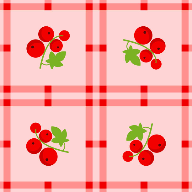 红醋栗果无缝为图案织物，简单的红醋栗果可爱重复在方形背景，插图水果图案壁纸图片下载