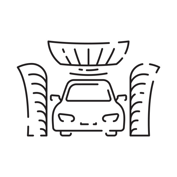 洗车线图标。自动清洗工位线性标志。桶内带有泡沫气泡、海绵和喷扁线图标图片下载