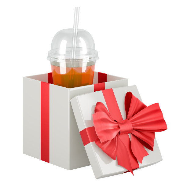塑料透明一次性杯与饮料内的礼盒，3D渲染图片下载