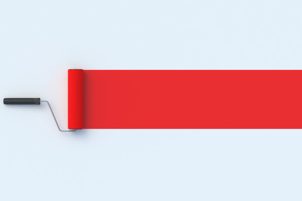 漆辊和墙上的一抹红色。家装和装修。新的设计方案。副本的空间。三维渲染图片下载