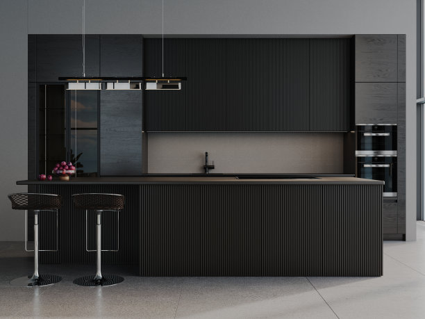 现代无烟煤木制厨房和餐厅室内设计。3D建模。图片下载