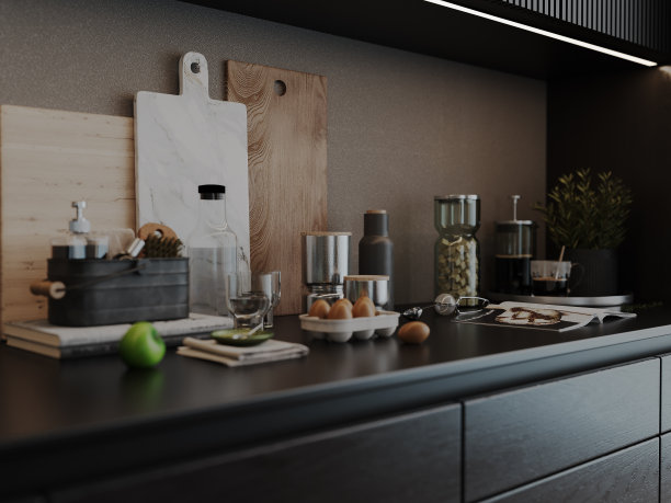 现代无烟煤木制厨房的食物准备观，室内设计。3D建模，微距摄影。图片下载