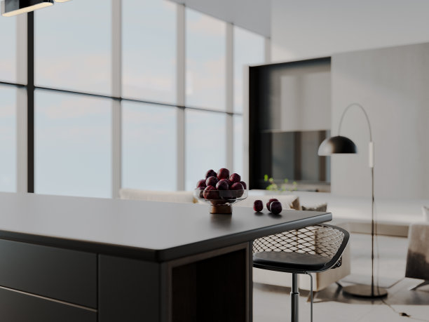 现代无烟煤木制厨房和豪华客厅室内设计。3D建模。现代极简主义开放空间厨房和米色舒适沙发的景观。图片下载