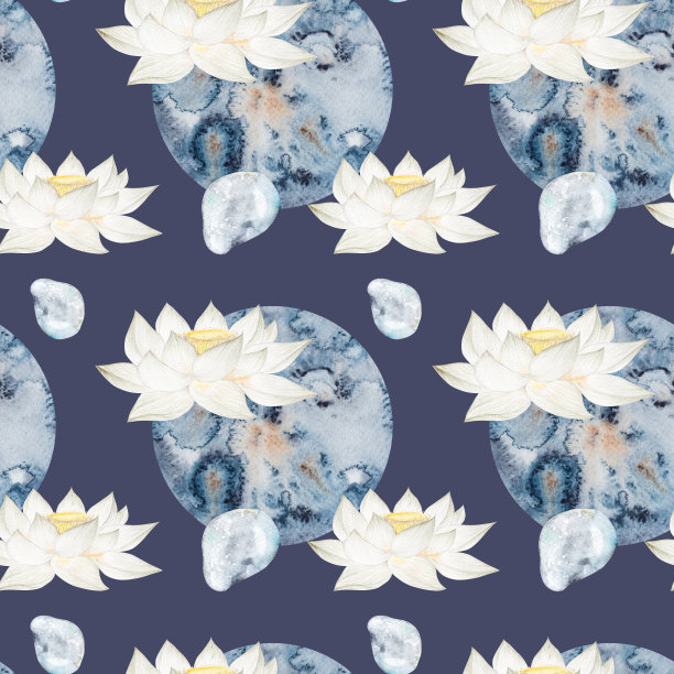 无缝图案与水彩白莲花的背景上的月亮和石头，水疗主题。水彩插图，手绘莲花为设计图片下载