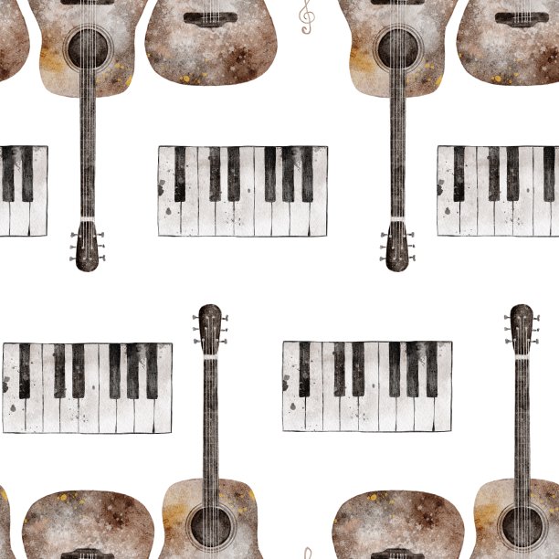 乐器图案无缝。手绘吉他和钢琴。水彩音乐插画。图片下载