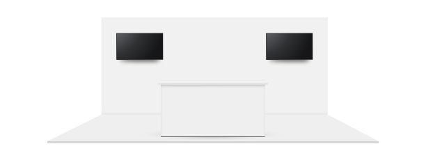 展览贸易展台模型与后墙，电视屏幕和柜台图片下载
