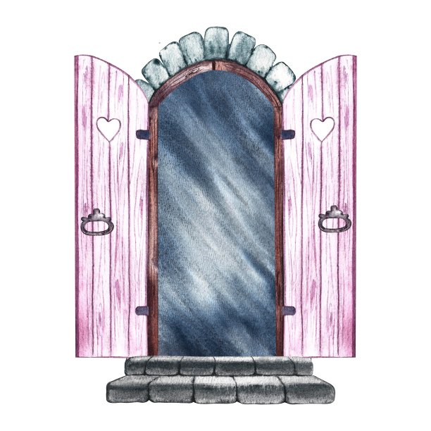 复古开双叶门。一扇粉红色的拱形木门，由砖和石阶构成。手绘的水彩画。强调它。家居，儿童游戏，明信片的设计元素。图片下载