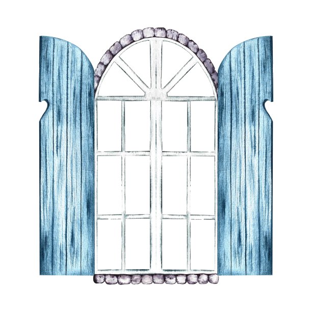 的窗口。一扇砖砌的拱形窗，有蓝色的百叶窗和白色的窗框。手绘的水彩画。强调它。家居，儿童游戏，明信片的设计元素。图片下载
