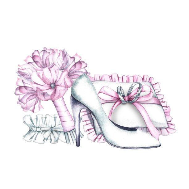 婚礼构图，女性的高跟鞋，新娘的花束和吊袜带，靠垫上的结婚戒指。用精致的白色和粉色调手工制作的水彩画。明信片。图片下载