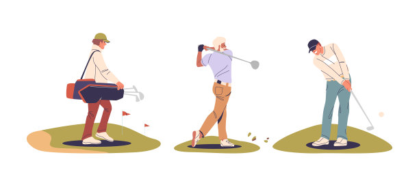 高尔夫球运动员在高尔夫球场上以各种姿势展示挥杆、推杆和携带球杆图片下载