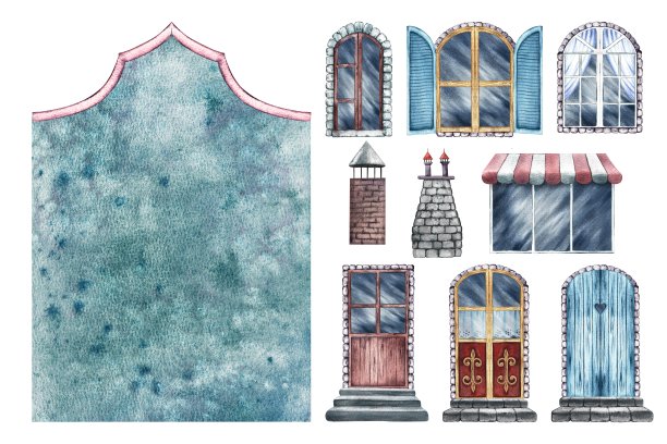 这房子是一套建筑工具。一套用来建造复古房子的套装。门面，窗户，门。手绘的水彩画。设计元素为洗刷，儿童游戏，明信片，包装图片下载
