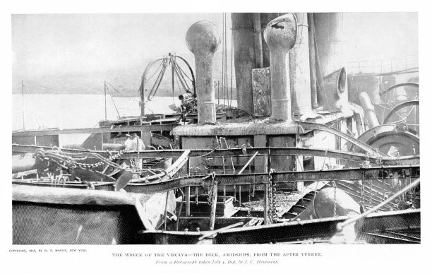 西班牙巡洋舰比斯开号(特写)被摧毁，1898年7月3日，古巴圣地亚哥，19世纪美西战史图片下载