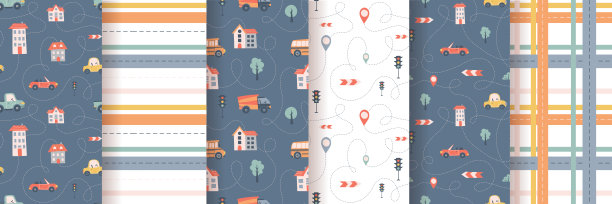 儿童无缝模式与汽车，公共汽车和道路。适用于织物，数码纸，卡片。图片下载