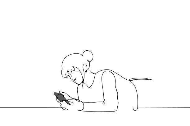 女人躺在她的肚子上，手里拿着电话，上面覆盖着毯子-一行艺术矢量。概念夜间上网冲浪图片下载