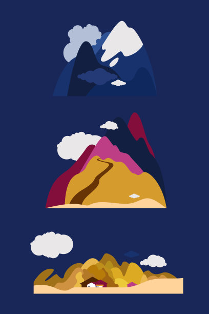 景观中的三个自然物。村庄在沙漠中，雪山峰顶，公路进入丘陵。矢量插图。图片下载