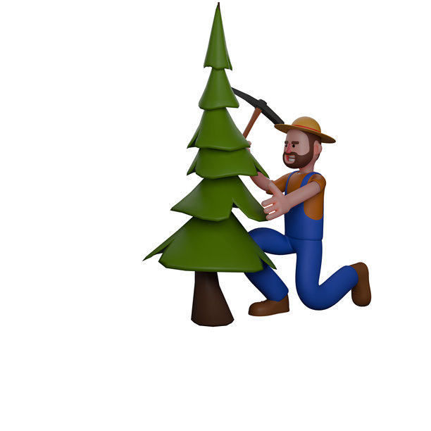 专业男性在3D农民。一个农民蹲着砍松树。卡通插图图片下载
