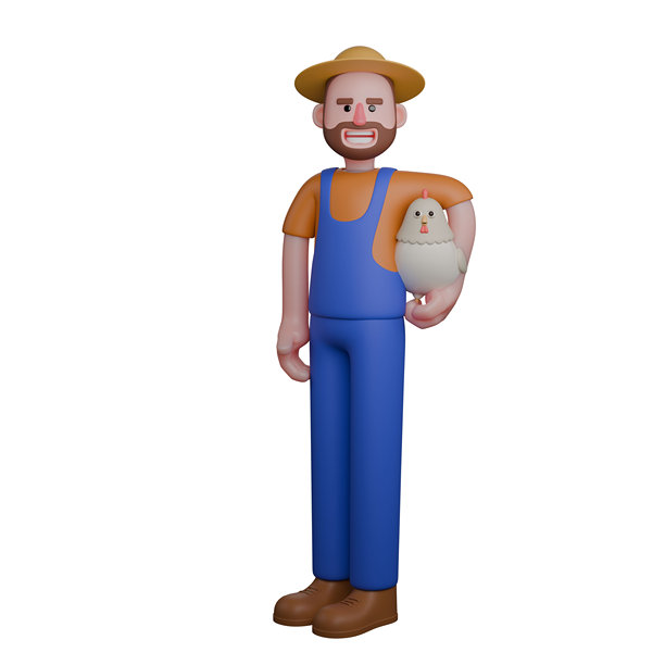 3D男性农民在行动。一个农民站着，手里抱着一只白鸡。专业的农业图片下载