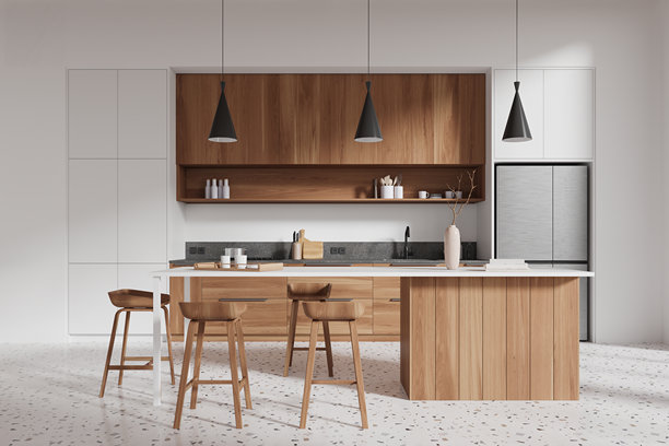 图片显示了一个现代的厨房内部，木制橱柜和凳子，浅色背景，3D渲染。当代家居设计理念图片下载