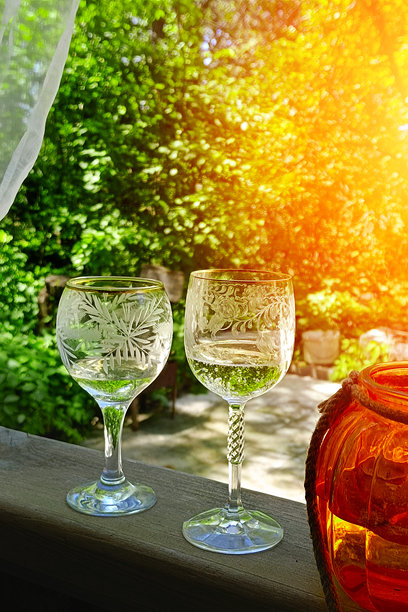 两杯香槟，以自然为背景，特写镜头。垂直的照片。图片下载