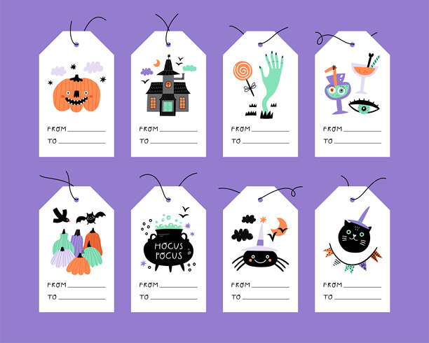 一套万圣节礼物标签与传统的符号在白色背景。最适合节日问候了。图片下载