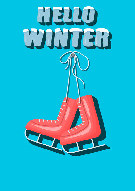 蓝色背景上的铭文“你好，冬天”和“冬季溜冰鞋”图片下载