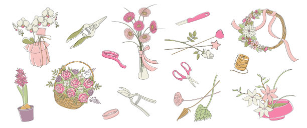 关于花店服务，工具和配件，花束，刀，刀具，剪刀，花盆花，花瓶设置元素图片下载