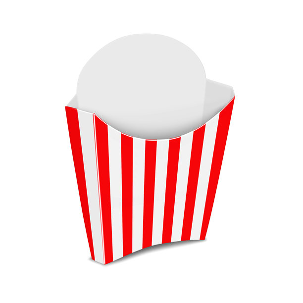 红白相间条纹的法式油炸纸盒。孤立的3d模型。装薯条的纸板箱。现实的模型。快街食品的纸板包装。向量模板图片下载