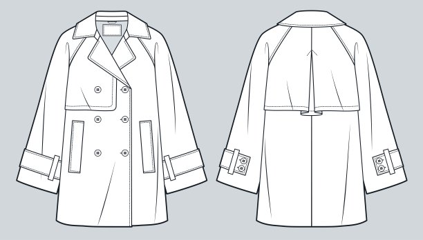 风衣技术时尚插画。钮扣大衣时尚平面技术图纸模板，双排扣，口袋，超大号，前后视图，白色，女，男，男女通用的CAD模型。图片下载