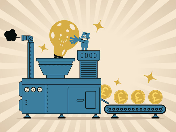 在创意工厂里，一位努力工作的商人将一个创意灯泡放入一台大机器中，赚了很多钱图片下载