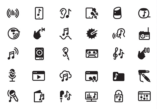 音乐和音频界面图标设置在黑色，具有麦克风，音乐笔记，和声音控制符号图片下载