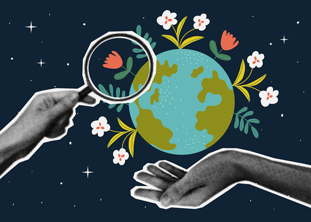 半色调手持地球和放大镜。可持续发展和环保理念。拯救地球的生态插画。图片下载