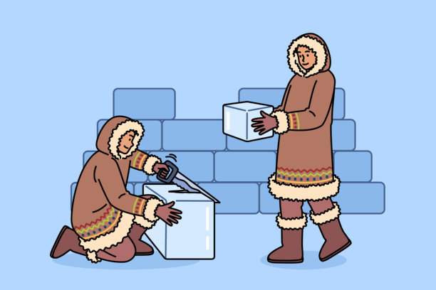 北方的土著居民穿着毛皮大衣，用冰块和锯子建造冰屋图片下载