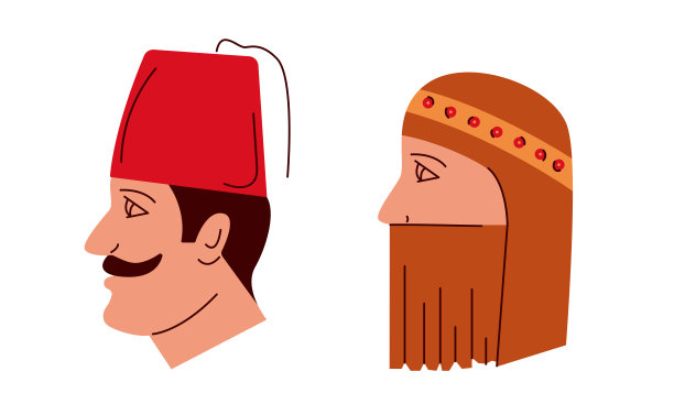 东方的人。土耳其男子戴着软呢帽，中东妇女闭着脸。阿拉伯的化身。穆斯林古代人。矢量图图片下载