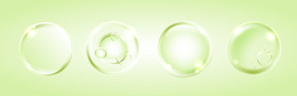 血清，液滴或胶原蛋白在绿色背景。美容产品，滋润，护肤彩色泡泡。护肤化妆品水合斑点溶液。图片下载