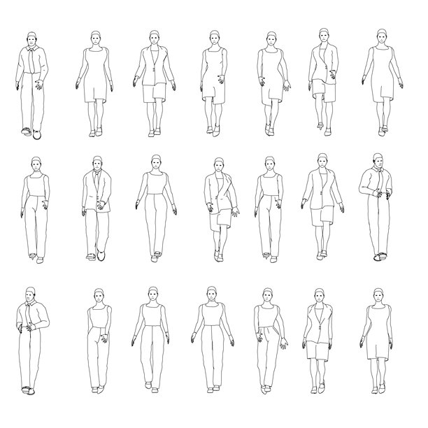 设置行走的人的轮廓从黑线孤立在白色背景。男人和女人走路。前视图。矢量插图。图片下载