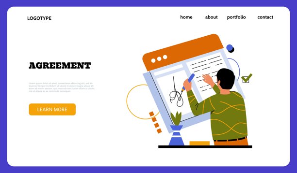 商业协议登陆页。合同签字。在笔记本电脑或数码平板电脑上签署文件。电子审批标志。伙伴关系的论文。网站模板。矢量网页横幅图片下载