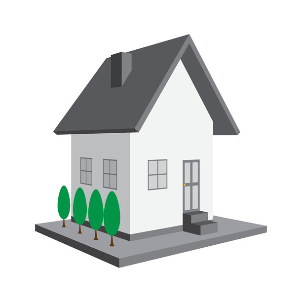 一个简单的房子，灰色的屋顶，白色的墙壁，四个绿色的灌木丛，一个前面的楼梯，极简主义的设计，和一个等距视图。图片下载