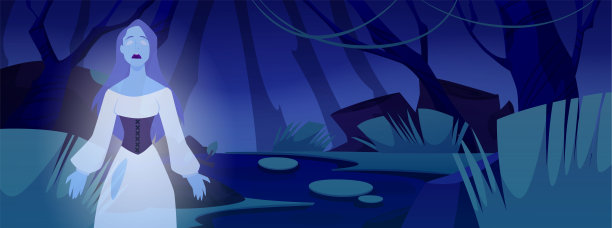 矢量插图哥特女鬼人物在森林沼泽背景在晚上。图片下载