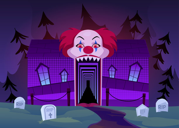 墓碑上一个恐怖的小丑嘴巴形状的恐怖屋入口的插图。图片下载