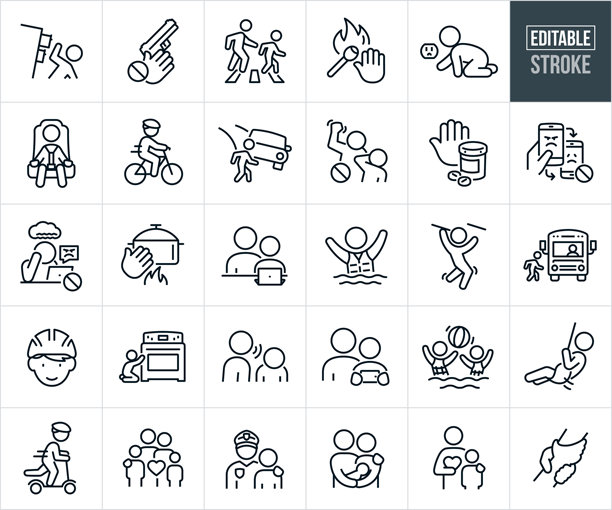 儿童安全与保护瘦图标-可编辑的笔画图片下载