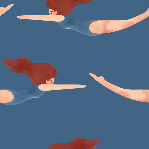 无缝图案与漂浮的妇女在复古风格。游泳。蓝色背景水彩插图图片下载