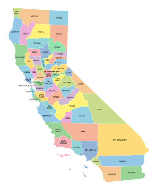 加利福尼亚州，美国州，细分为58个县，多色地图图片下载