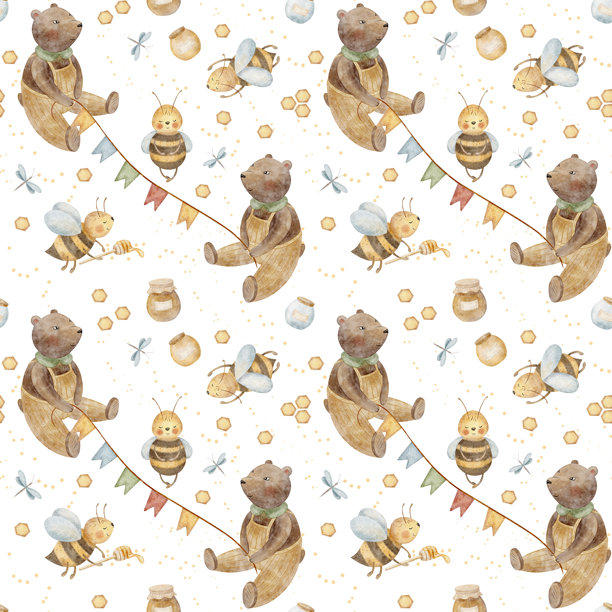 无缝图案可爱的熊，蜜蜂聚会与罐子，蜂蜜勺，旗帜花环。水彩插图是手绘的卡通风格。隔离在白色背景的织物，纺织品，服装壁纸图片下载