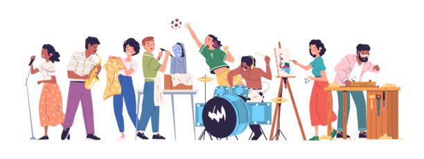 人们爱好小组。朋友团队有不同的圈子，人群有不同的创意活动，艺术社区有不同的娱乐，有才华的人矢量插画图片下载