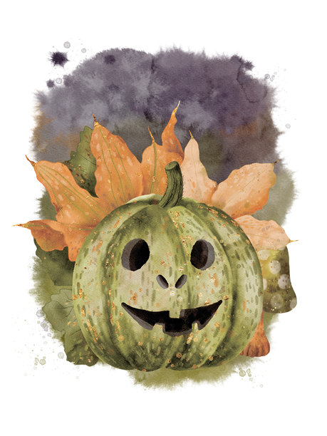 一个异想天开和有趣的万圣节南瓜装饰在彩色秋叶的背景图片下载