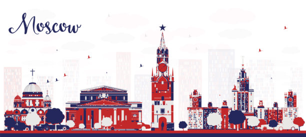 莫斯科俄罗斯城市天际线与彩色建筑。带有地标的城市景观。图片下载