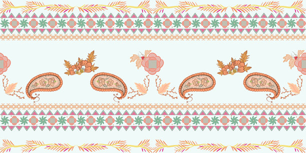 水平印度图案佩斯利在柔和的无缝图案在白色的背景与花瓣，概念设计的地毯，织物民族图案装饰，纱丽新娘的媒体图案。图片下载